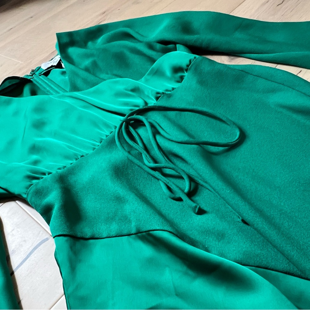 Deep Emerald Mixed Material Faux Wrap Dress
